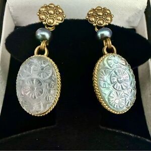 ✖️SOLD Stephen Dweck Earrings Carved Stone Drop Bronze Pearl Floral